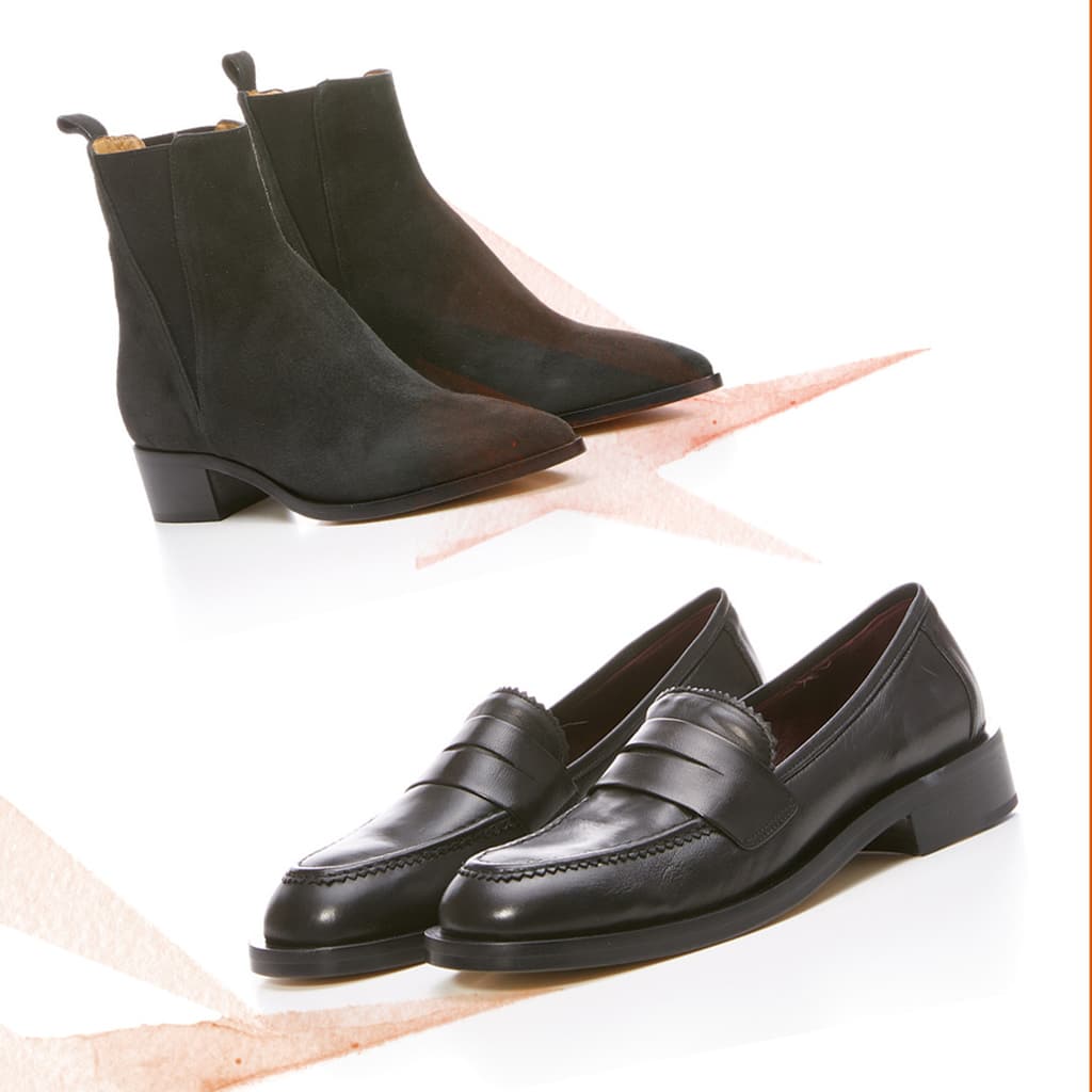 Schwarze Loafer Schuhe von Pomme Dór aus Glattleder und schwarze Stiefletten aus Rauhleder
