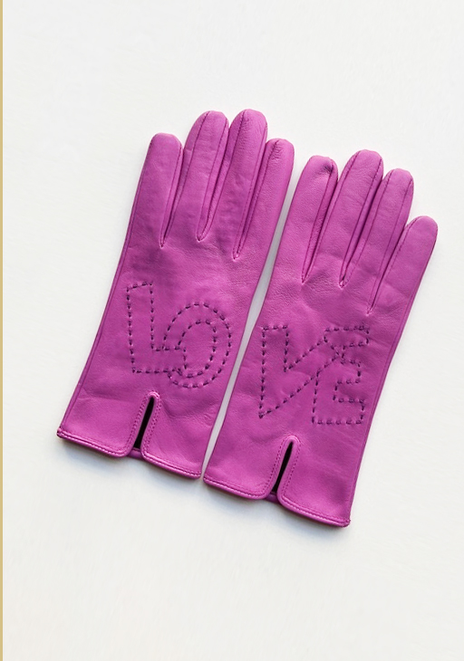 Elegante, einfarbige kurze Kalbslederhandschuhe von Neri Firenze, in pink mit Stickerei links LO und rechts VE